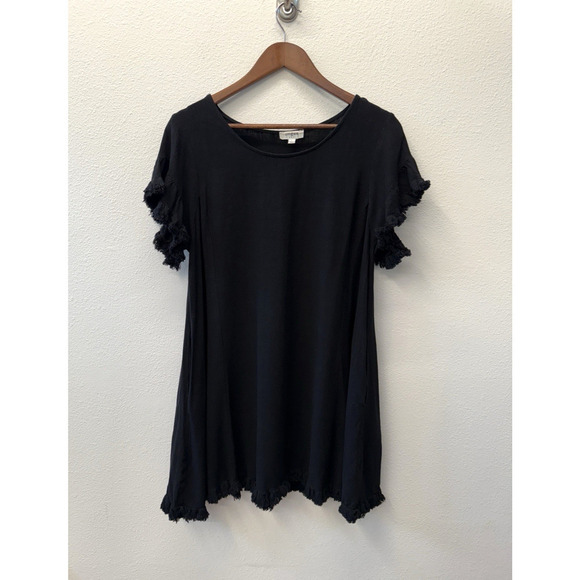 Umgee Babydoll Dress Womens Size L Black Linen Fringe Hem Beachy Boho Western - Picture 1 of 8